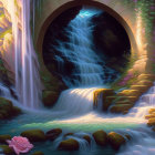 Fantasy landscape with cascading waterfall and mystical cave