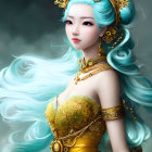 Fantasy illustration of woman with floral adornments and blue hair on soft wing-like background