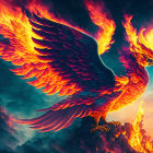 Majestic phoenix soaring with fiery wings in dramatic landscape