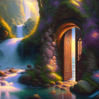 Mystical arched door near lush waterfall in enchanted forest