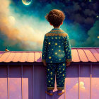 Child in star-patterned pajamas gazes at starry sky from rooftop at night