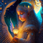 Girl with closed eyes in celestial setting with tiara, lantern, and golden wings.