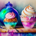 Iridescent jar with ornate desserts on vibrant backdrop