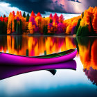 Purple Canoe on Calm Lake with Autumn Trees Reflections