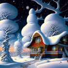 Snow-covered trees, festive cottage, deer grazing in serene winter scene