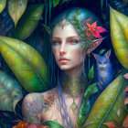 Fantasy illustration of woman with green foliage, flowers, and mystical blue cat in lush setting