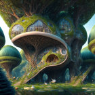 Fantasy landscape with mushroom houses, waterfall, lake, boats, and whale-like creature