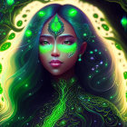 Mystical portrait of woman with green glowing markings in enchanted forest