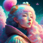 Stylized portrait of woman with pale skin and cloud-like hair in traditional attire against dreamy sky