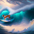 Red bandana dog surfing massive wave under dramatic sky