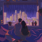 Couple cuddled up enjoying nighttime cityscape from cozy room