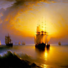 Sailing ships on tranquil sea at sunset