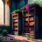 Classical library with arched windows, wooden bookshelves, and lush greenery