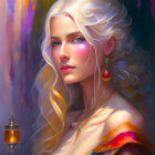 Vibrant cosmic digital artwork of a woman with flowing hair and detailed feathered shoulder piece against star