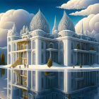 Fantasy castle with domed towers above reflective water