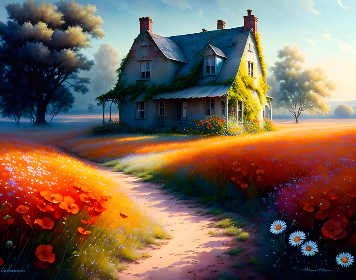 Charming cottage in vibrant poppy fields and daisies