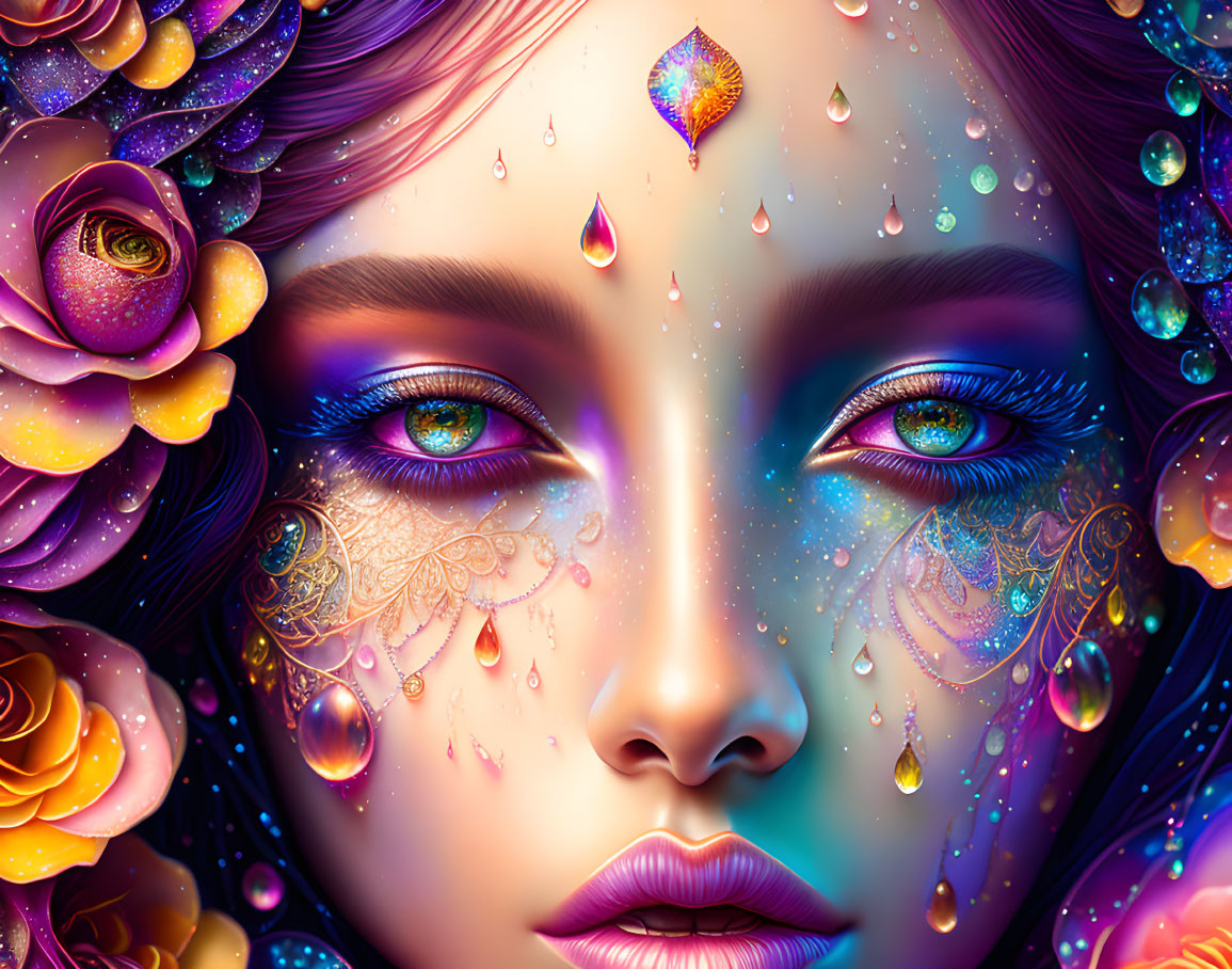 Vibrant digital artwork of woman's face with gold patterns, flowers, and gems