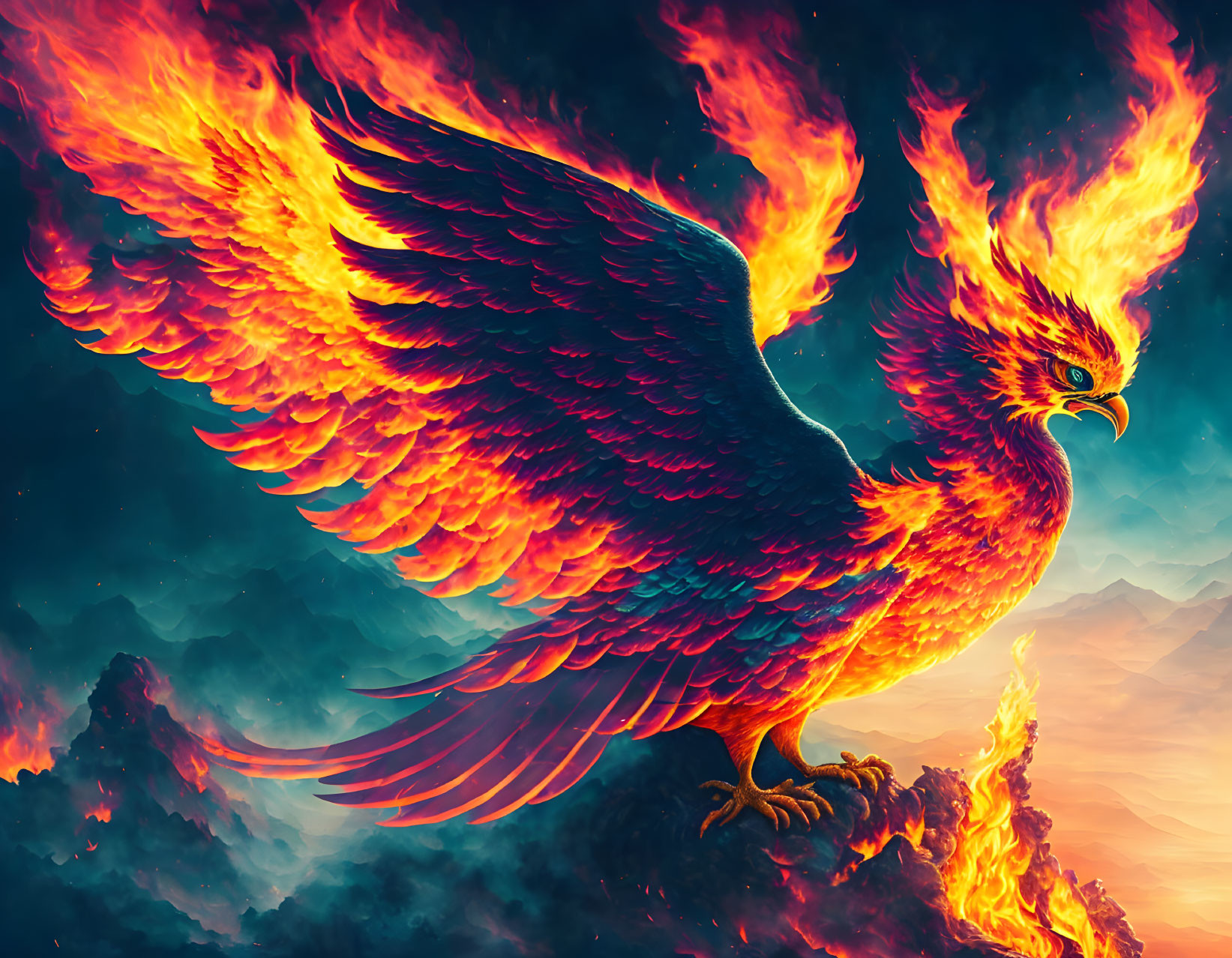 Majestic phoenix soaring with fiery wings in dramatic landscape