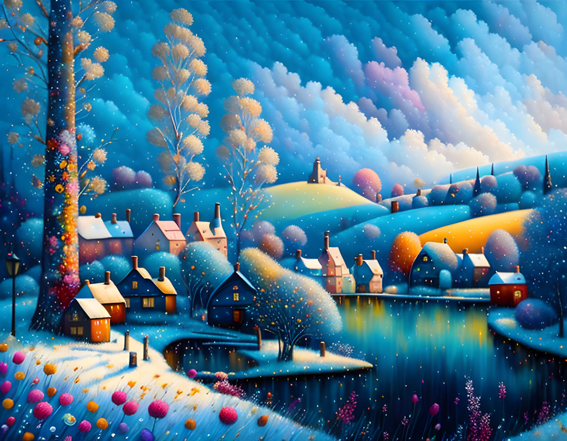 Colorful village painting with trees, houses, hills, starry sky, and serene river