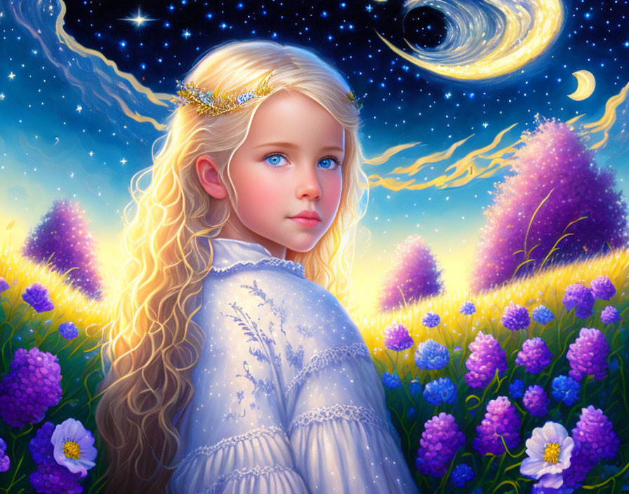 Blonde Curled Girl with Tiara in Fantasy Galaxy Scene