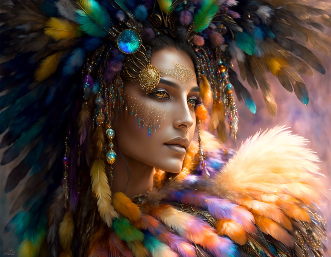 Person with Vibrant Feathered Headdress and Gemstone Jewelry