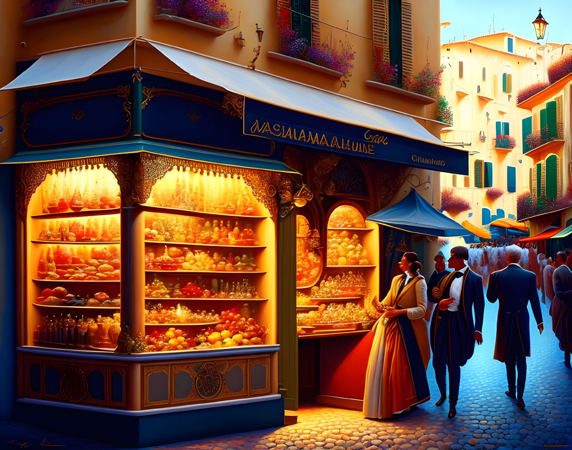 Period clothing street scene with vibrant shop fruits and candles under golden light