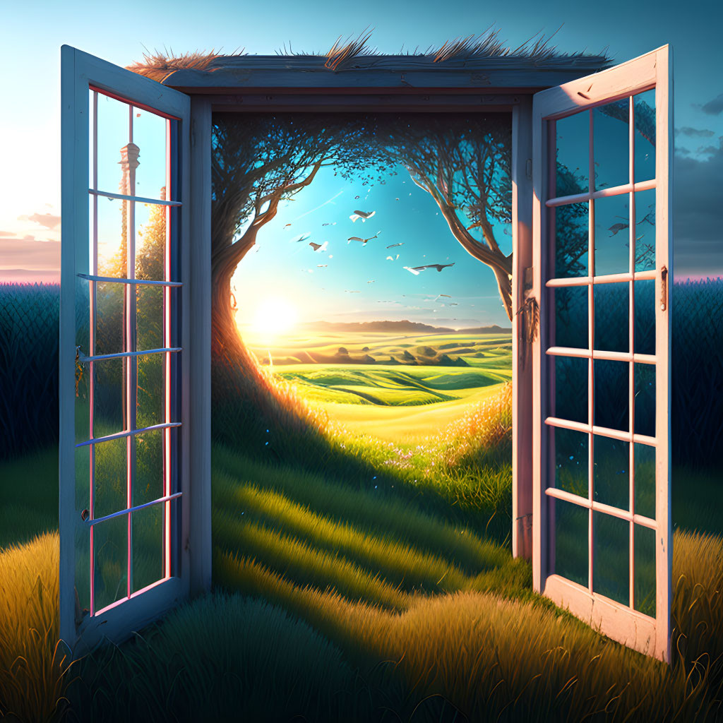 Doorway in Field Reveals Vibrant Sunset Landscape