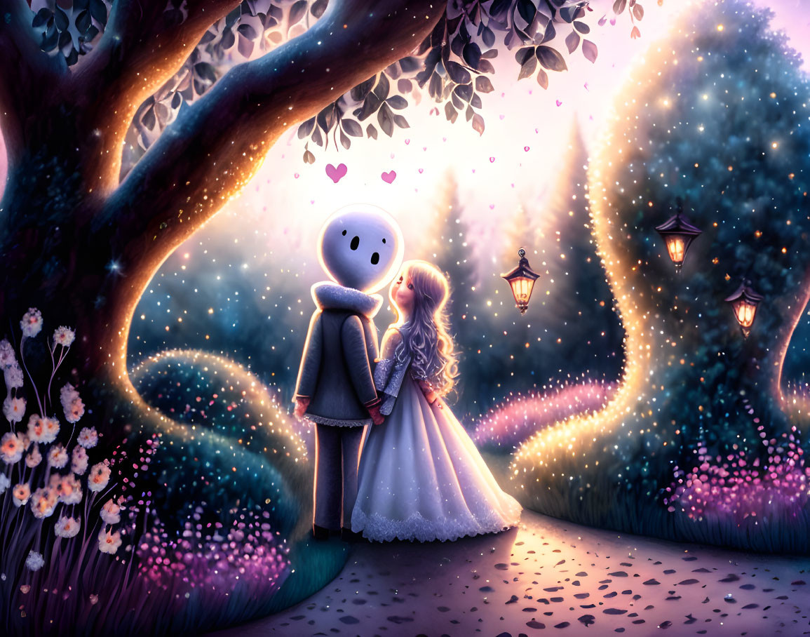 Stylized couple holding hands under twilight canopy with glowing trees and heart.