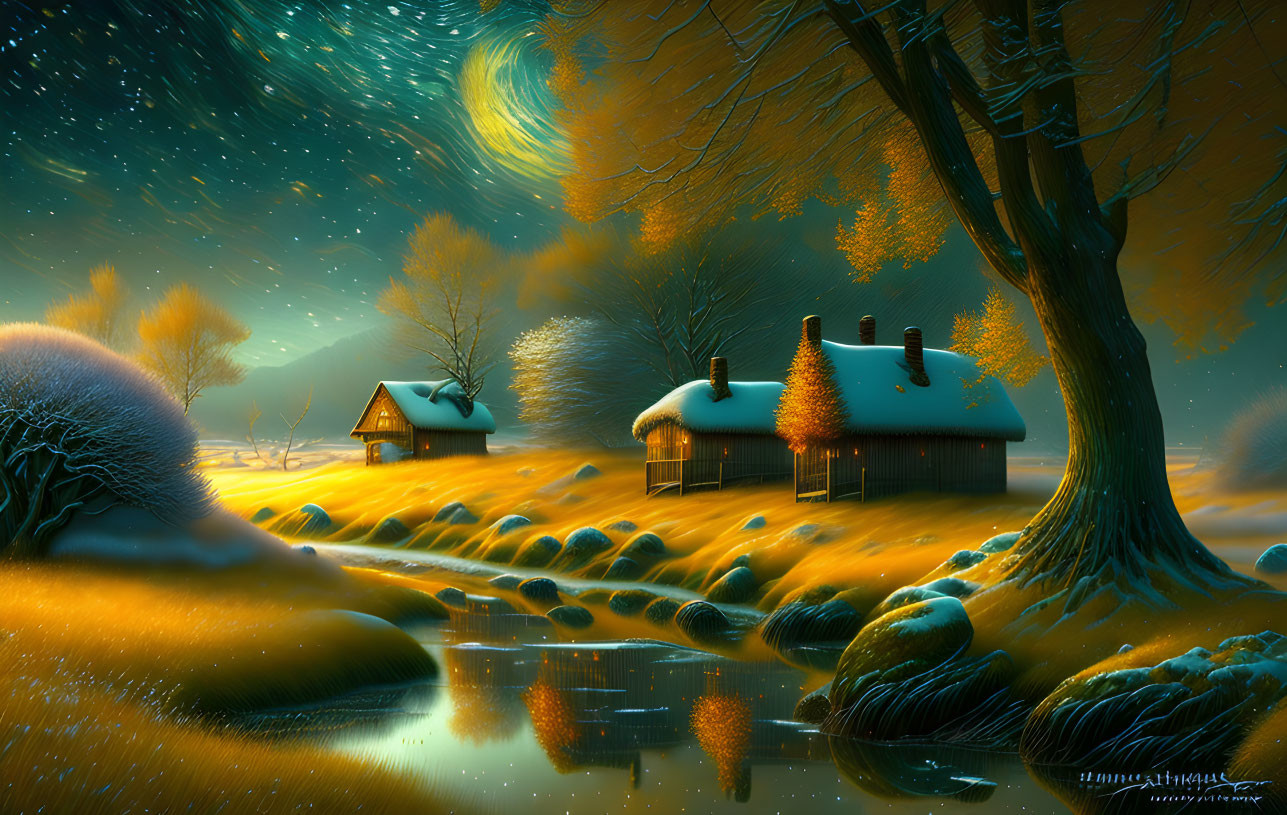 Surreal night landscape with cottages, golden trees, river, stars, galaxy