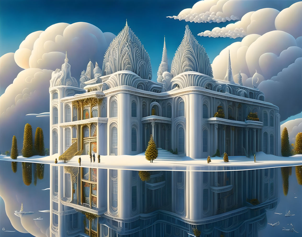 Fantasy-style palace with spires reflected in serene water, surrounded by sculpted trees under fluffy clouds