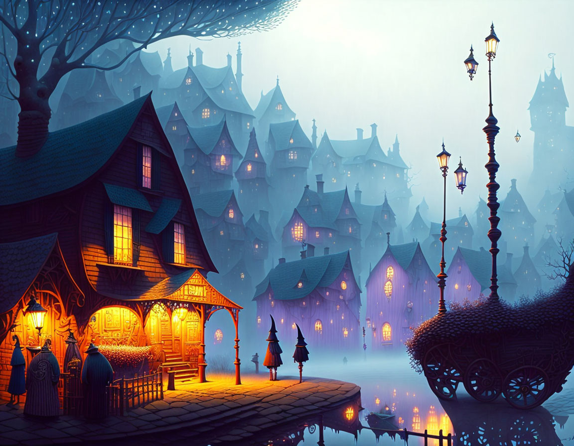 Twilight scene with warmly lit cottage by reflective lake