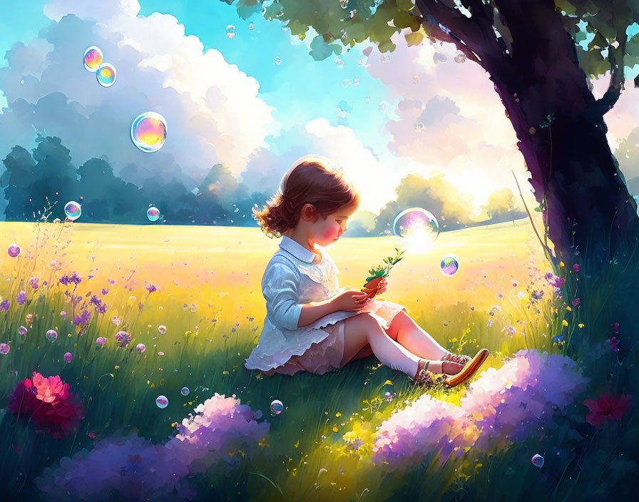 Child explores flower in meadow with bubbles and magical light