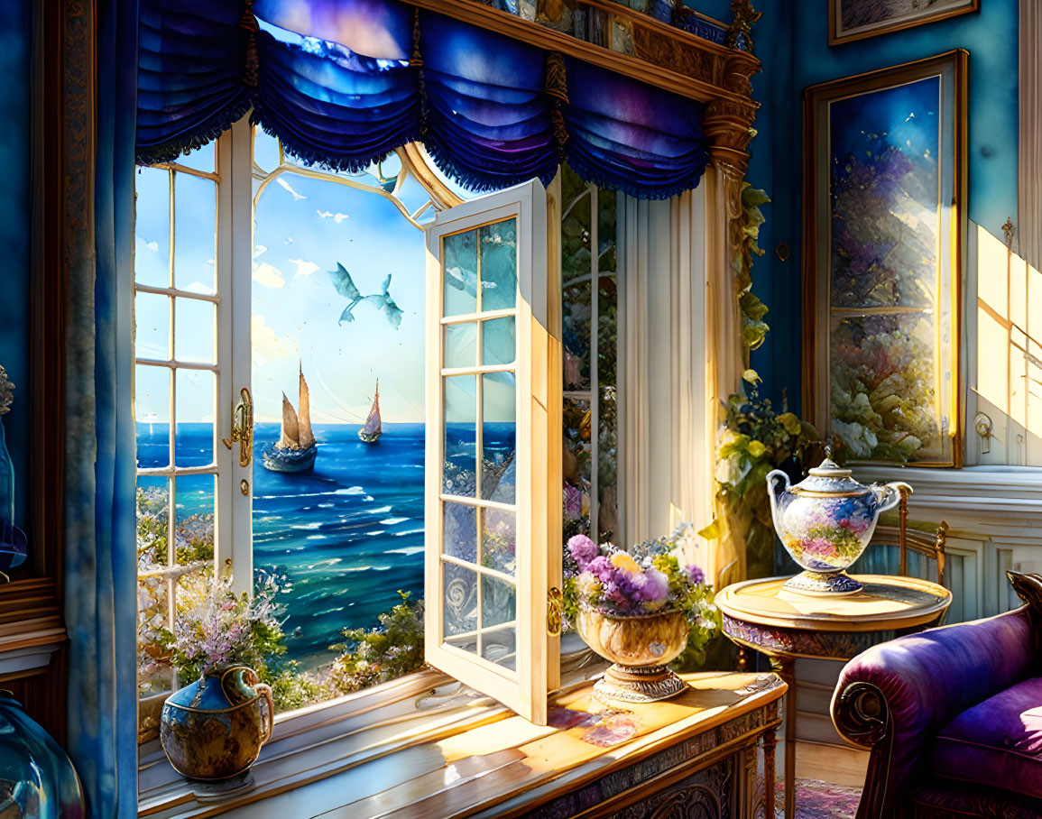 Luxurious room with ocean view, birds, boats, elegant decor, and floral arrangements