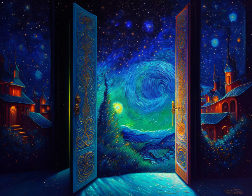 Illustration of ornate open door to whimsical starry night sky landscape