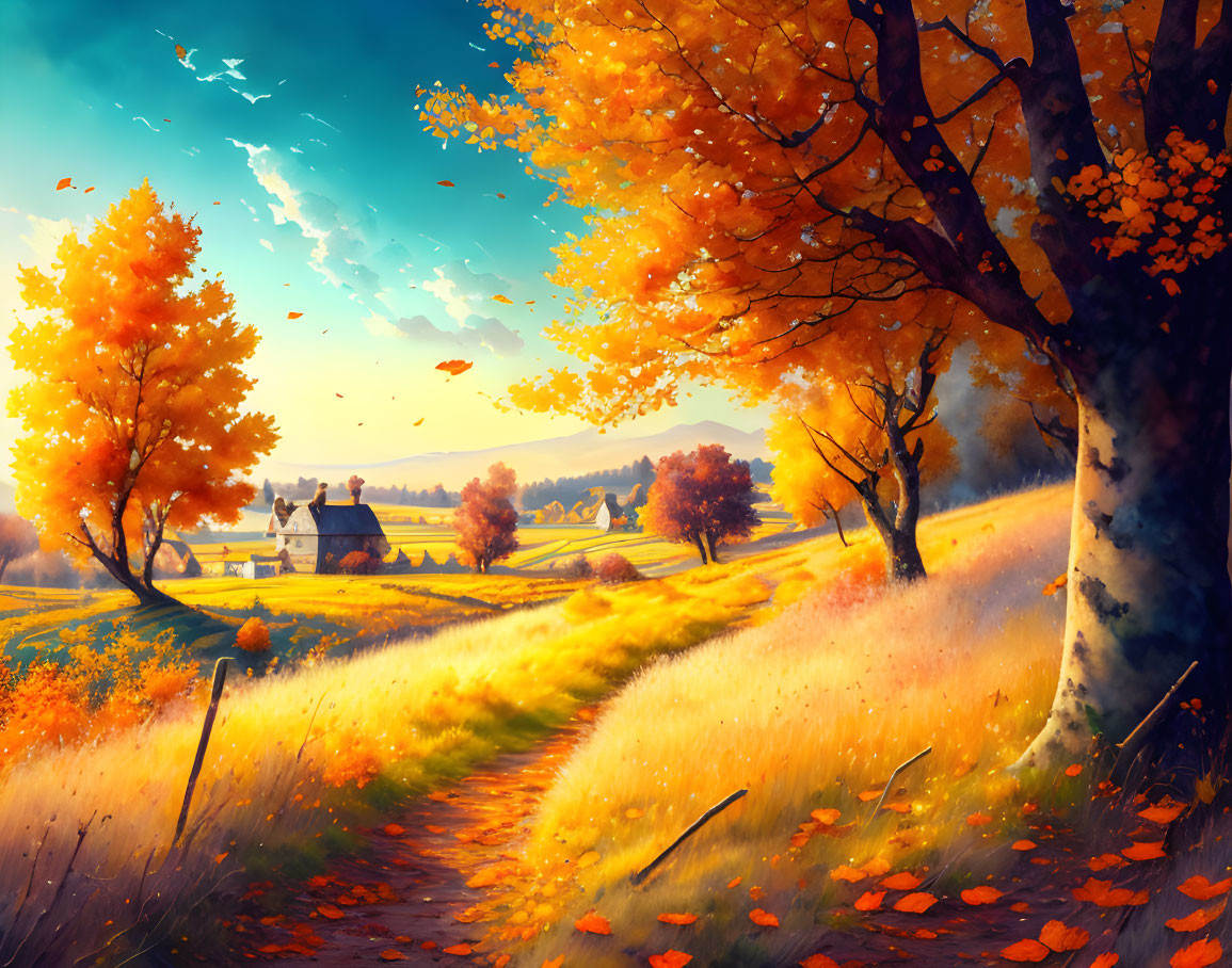 Vibrant Autumn Scene: Orange and Yellow Leaves, Winding Path, Quaint Cottage