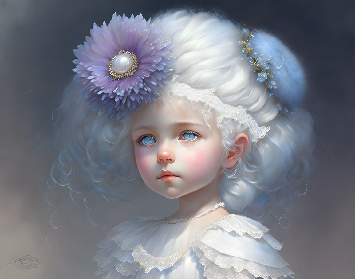 Young girl with curly white hair and flower, pearls, blue eyes