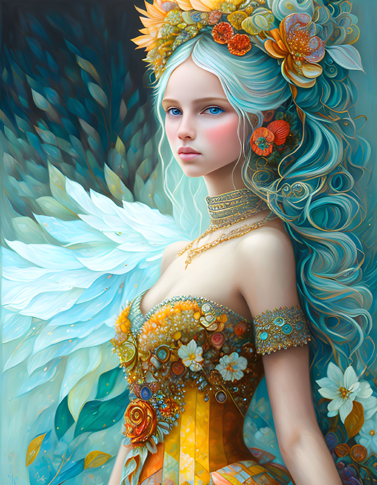 Fantasy illustration of woman with floral adornments and blue hair on soft wing-like background