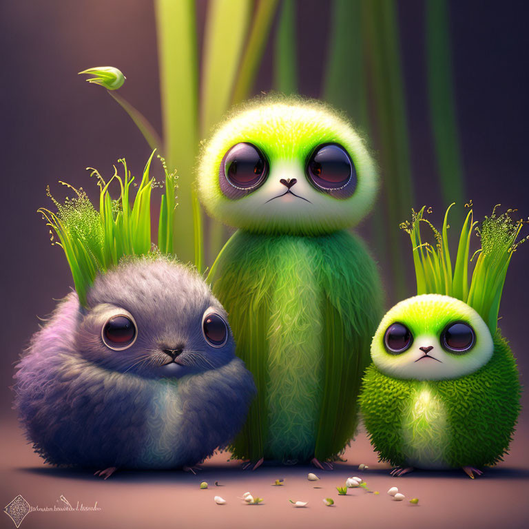 Three fluffy fantasy creatures with expressive eyes in colorful, whimsical scene