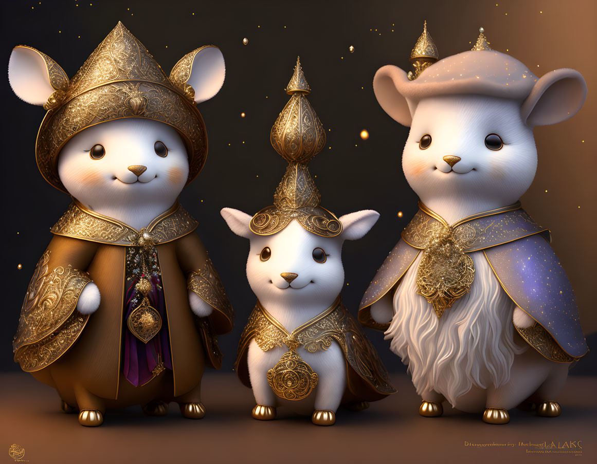 Regal anthropomorphic mice in golden medieval attire on starry backdrop