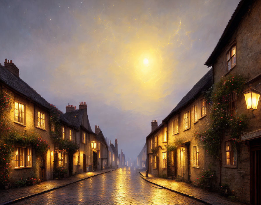 Vintage houses on cobblestone street at dusk with soft glow from windows.