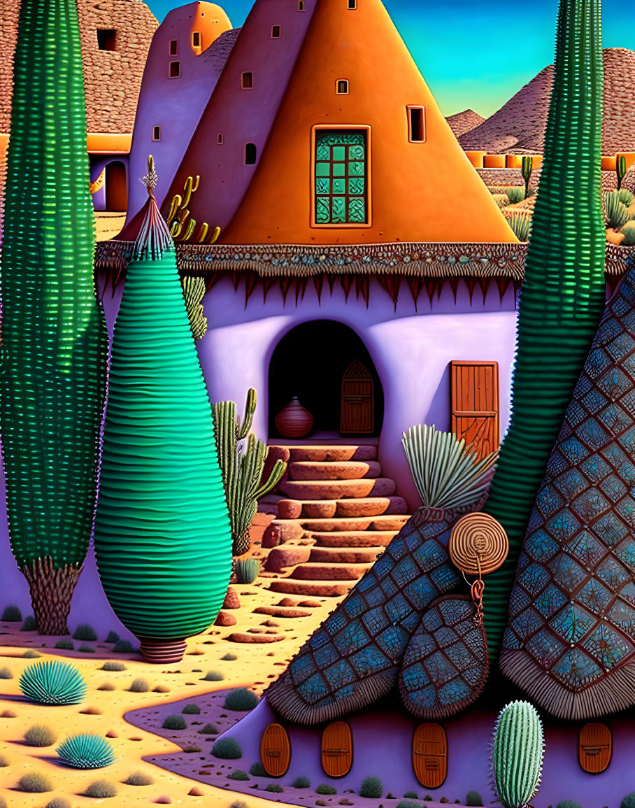 Vibrant desert village with adobe houses and cacti under blue sky