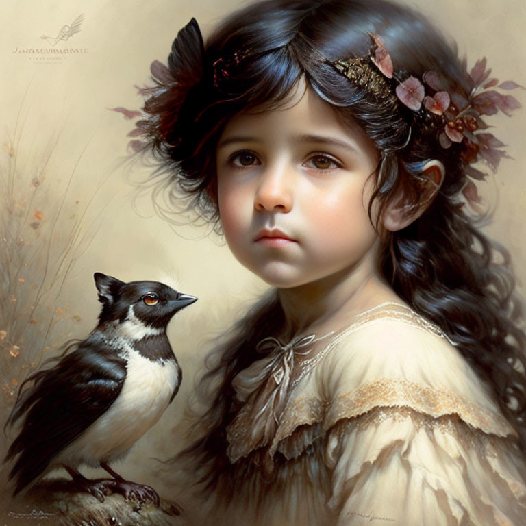 Young girl with dark hair and flowers, vintage cream dress, admiring perched bird