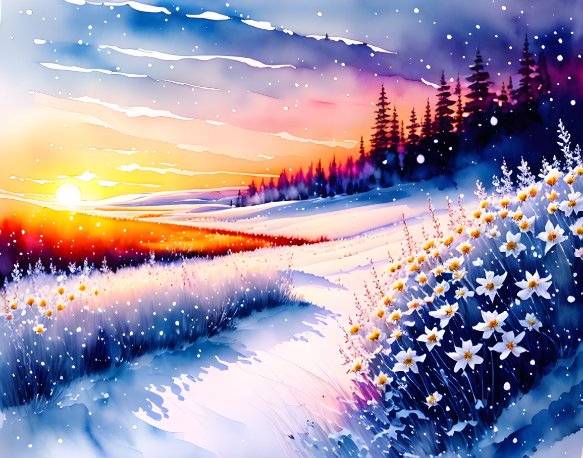 Snowy landscape watercolor painting: vibrant sunset sky, white flowers, dark pine trees