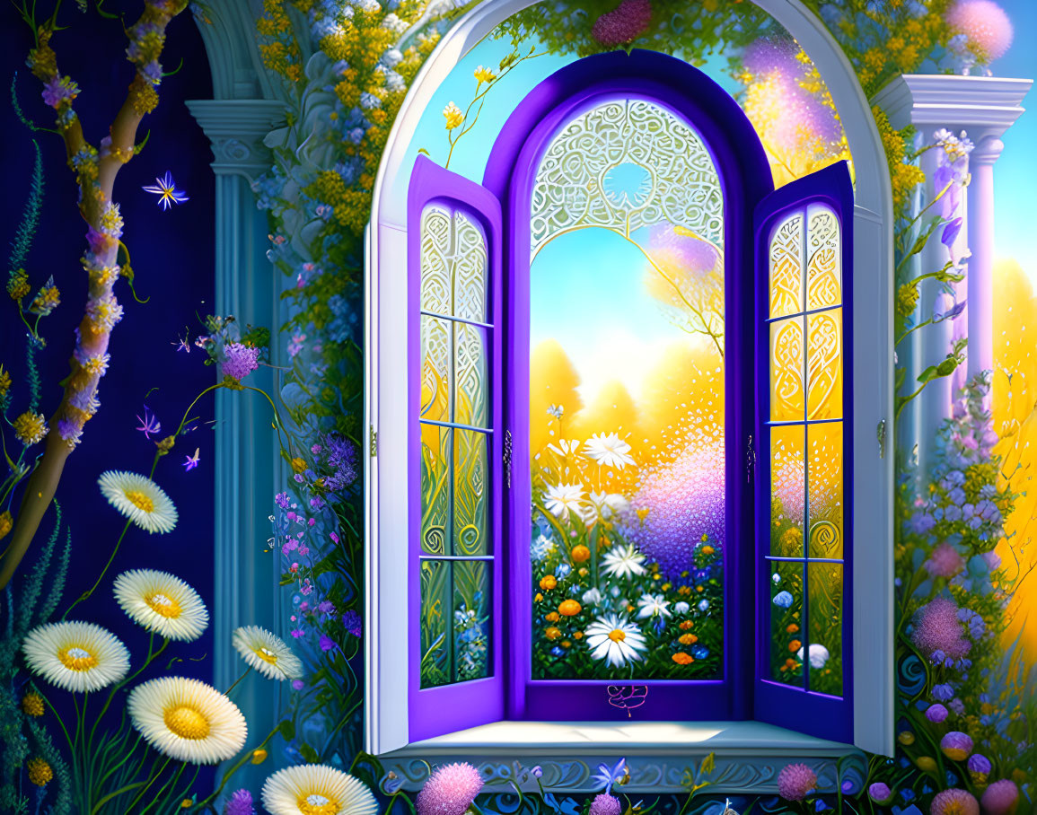 Fantasy illustration of purple window overlooking magical garden