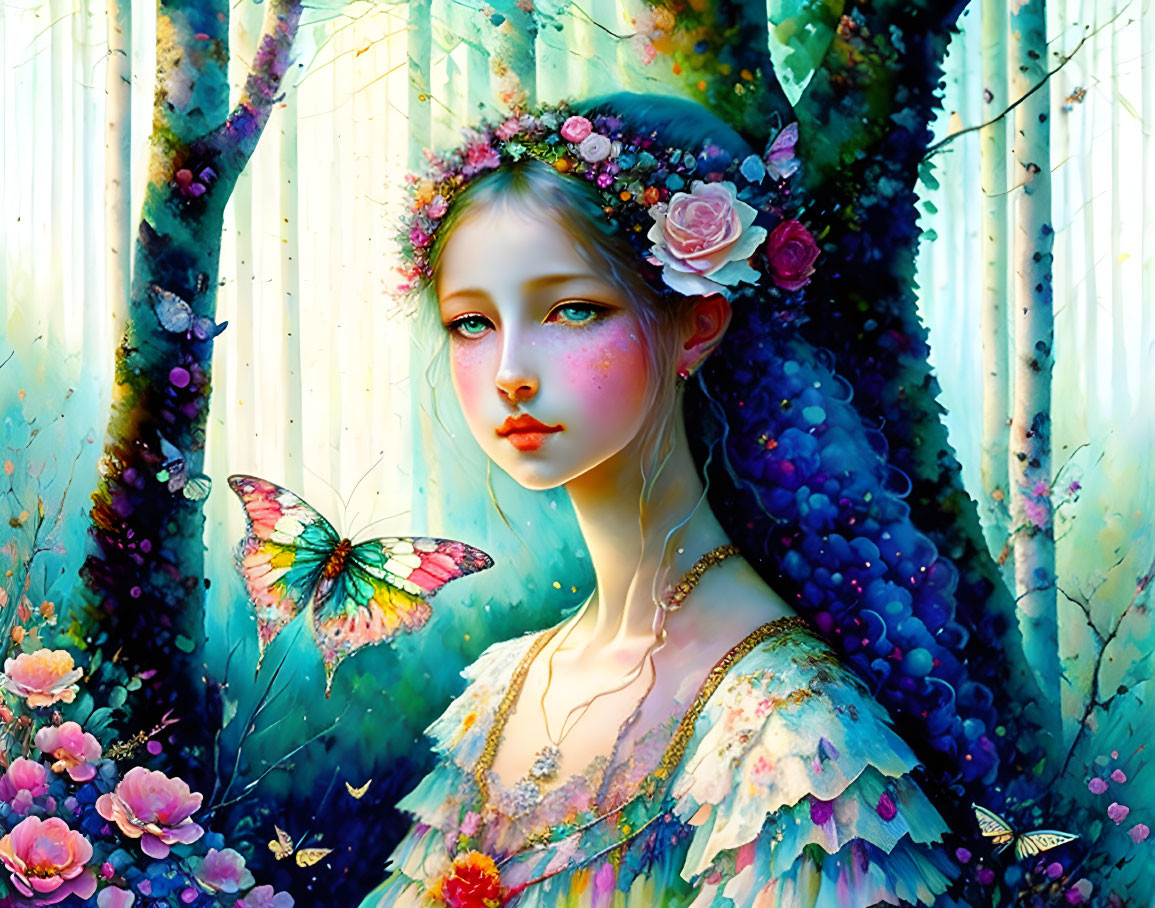 Ethereal young woman with floral crown in enchanted forest