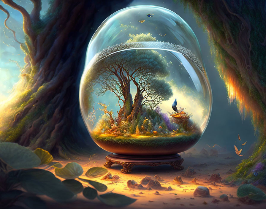 Vibrant forest microcosm in transparent globe against twilight backdrop