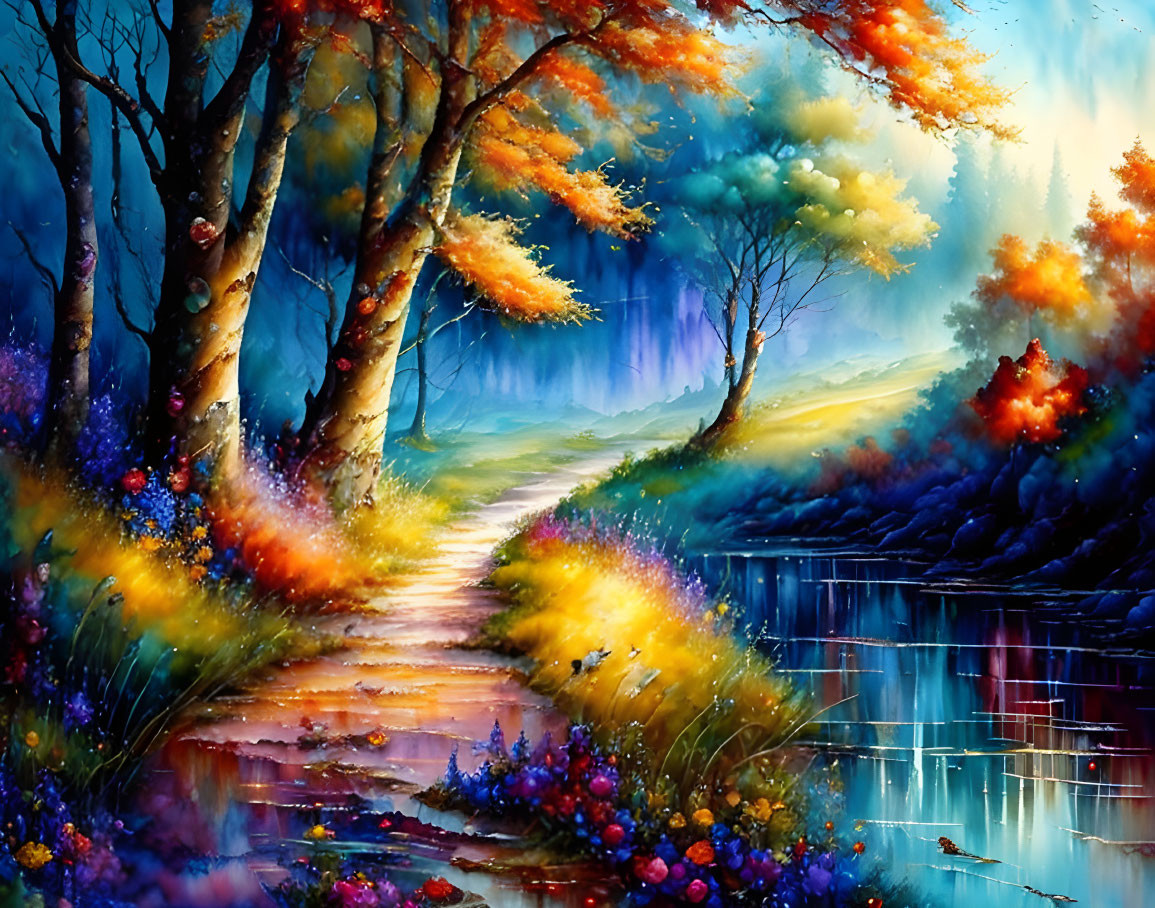 Colorful woodland path painting with reflective river and misty backdrop