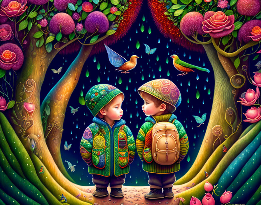 Children in vibrant forest with glowing flowers and birds gazes at each other.