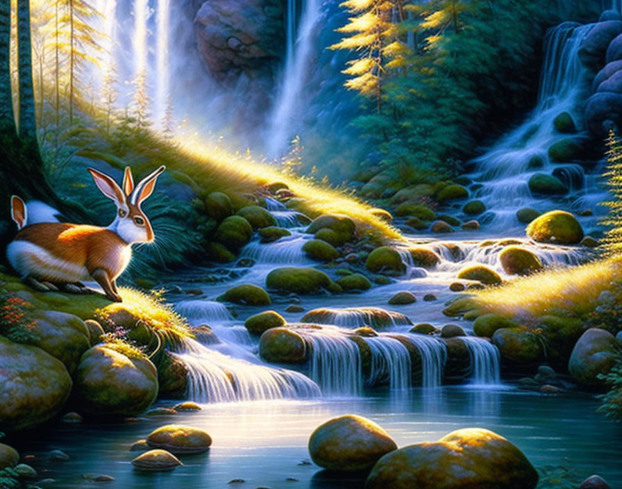 Illustration of rabbit by forest stream with waterfalls and lush greenery