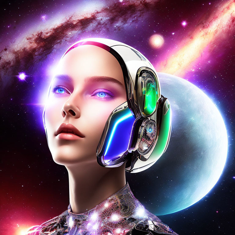 Futuristic female android with blue eyes and headphones in cosmic setting